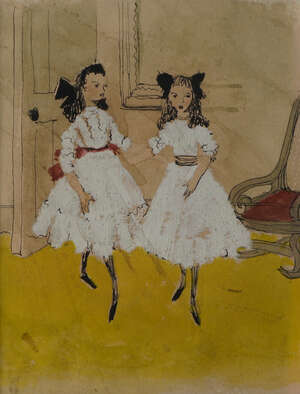 
	
		French School, circa 1900- Two girls in an interior with a chair; pen and black ink and...