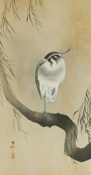 
	
		Ohara Koson, Japanese, 1877-1945, Northern Lapwing Perched on a Willow Tree, c. 1910,...