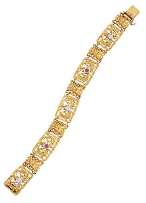 
	
		A late 19th century French gold, diamond and ruby articulated panel bracelet, designed as...