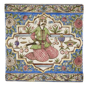 
	
		A fine large Qajar moulded pottery tile with portrait, Iran, mid-19th century, underglaze...