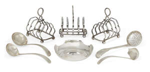 
	
		Three small silver toast racks, Birmingham, c.1928, Alexander Clark & Co Ltd., each of...