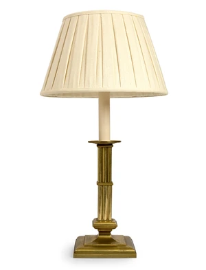 A lacquered brass cluster column table lamp, second half 20th century, with pleated fabric...