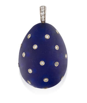 
	
		A blue glass and diamond egg pendant, the matt effect blue glass egg with brilliant-cut...