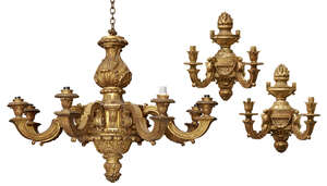 
	
		A George I style giltwood eight-branch chandelier and pair of wall lights, c.1900, the...