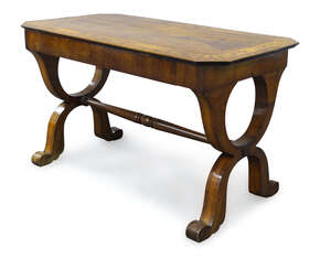 
	
		A pair of Italian walnut and marquetry inlaid side tables, 18th Century, the canted...