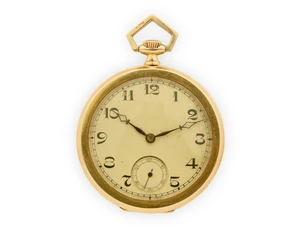 Movado. An 18ct gold keyless wind open face pocket watch Case numbers 2659/7175, London import mark for 193015 jewel Swiss lever keyless wind movement, champag