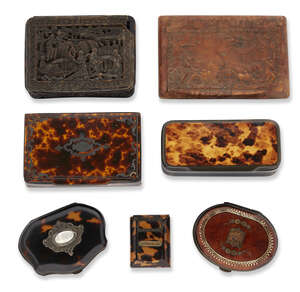 
	
		A collection of five various tortoiseshell boxes and snuff boxes, all 19th century, two...