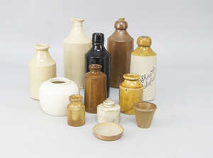 
	
		A Bourne Denby salt glazed stone ware bottle, impressed with the name Josiah Russell,...