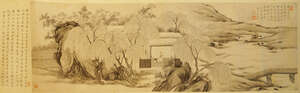 
	
		19th century Chinese school, ink and colour on paper, handscroll, scholar seated in a hut...