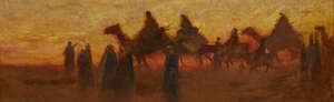 
	
		Frank Dean, 
		British 1865-1947- 
		 
		Camel train at sunset, (recto), unfinished...