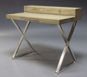 
	
		A modern stained oak desk, of recent manufacture, the rectangular top surmount with two...