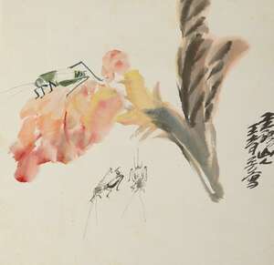 
	
		WANG QINGFANG (1900-1956), ink and colour on paper, cicadas around a flower, ca. 1930s,...