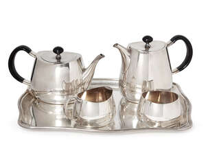 
	
		David Mellor (1930-2009), a silver-plated four piece 'Pride' pattern tea set for...