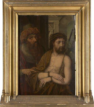 Circle of Quentin Matsys the Elder, 
		Flemish 1466-1530- 
		 
		Ecce Homo; 
		 
		oil on panel, 80.5x57.5cm 
		 
		Provenance: Sotheby's, London