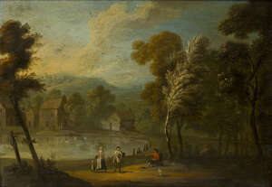 
	
		Flemish School, 
		18th century- 
		 
		Tranquil rural scene with villagers by a...