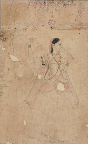 
	
		A Lady smelling a flower, Mughal India, circa 1700, ink heightened with opaque pigments...