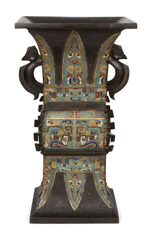 
	
		A large Chinese archaistic bronze and champleve enamel vase, zun, late 19th century, the...