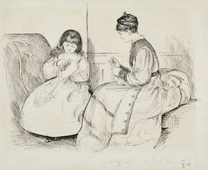 
	
		George du Maurier, 
		French/British 1834-1896- 
		A Woman and child stitching; 
		pen...
