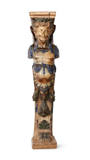 A stoneware salt-glazed architectural herm fire-surround column, late 19th Century, modelled and cast as a herm with wings, decorated with a bulls head motif, 