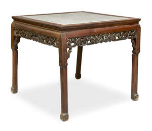 
	
		A Chinese hardwood and marble inset square table, late 19th century, the square top above...