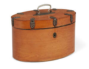 
	
		A French satinwood and cut-steel oval four-division tea caddy, the two lids revealing...