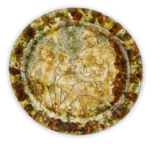 
	
		Philip Eglin (b.1959), 
		 
		Large slipware pottery charger with sgraffito design of...