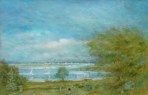 
	
		Peter Jamieson, British b.1945- River landscape with figures and boats; oil on canvas,...