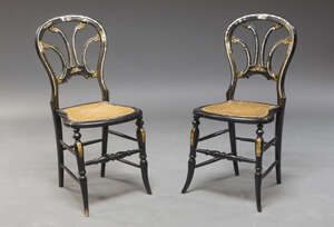 
	
		A pair of Victorian ebonised and mother of pearl inlaid side chairs, the pierced...