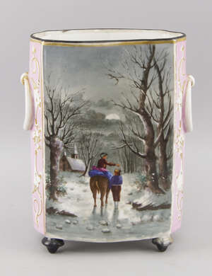 A large Continental porcelain vase, late 19th/early 20th century, with integral ring handles, on bun feet, painted with a scene of two travellers in a wood wit