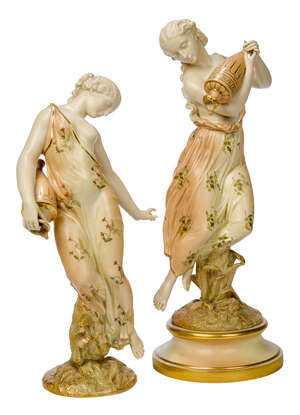 
	
		A pair of Royal Worcester parian porcelain figures of Morning and Evening Dew, early 20th...