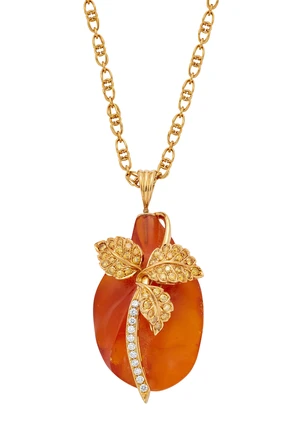 An amber, diamond and coloured diamond pendant necklace, the amber pendant with applied yellow...