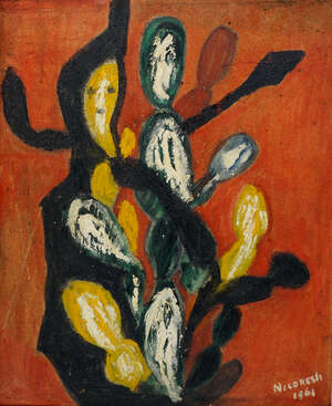 Marianne Cofman-Nicoresti, British mid 20th century- Cacti; oil on board, signed and dated 1961, 48.5 x 39.5cm (ARR) 
		Provenance: Eastbourne Society of Arti