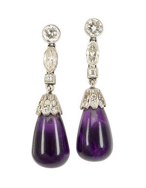 
	
		A pair of amethyst & diamond earrings, each with single bell shaped amethyst drop to a...