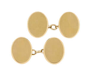 A pair of 18ct gold cufflinks, of polished oval panel design with chain link connections, London hallmarks, 1915, 12.7g
