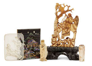 
	
		A Chinese ivory carving, 19th century, decorated with an official on horseback with an...