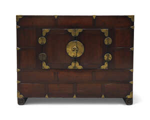 
	
		A Korean softwood brass mounted side cabinet, early 20th century, the front with single...
