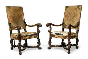 
	
		A pair of William and Mary style high back armchairs, first half 20th century, with...