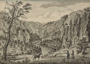 Attributed to John Hamilton, 
		Irish fl. 1767-1787- 
		 
		Figures with horses and cattle beyond in a wooded mountain landscape; 
		 
		pen and black i