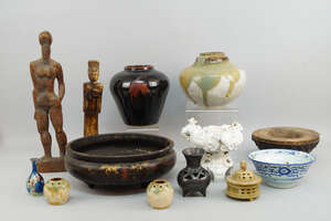 
	
		A matched pair of Japanese pottery miniature vases, 20th century, the long necks...