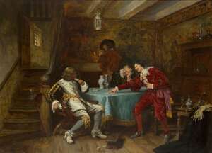 
	
		Frank Moss Bennett, 
		British 1874-1952- 
		A Game of Cards, 
		oil on canvas, signed...