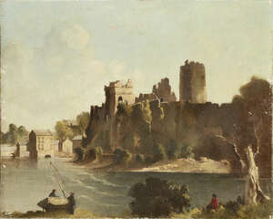 Bertram Nicholls,
British 1883-1975-
Ruined castle on the banks of a river;
oil on canvas,...
