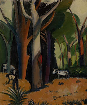 
	
		Pranas Domsaitis, 
		South African 1880-1965 - 
		 
		Farmer and cattle in a forest;...