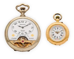 A group of two pocket watchesComprising: an 18ct gold pin set fob watch with metal cuvette, case back stamped 18k, Swiss marks; and a Hebdomas 8 day pocket wat