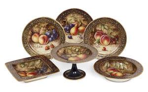 
	
		A group of Royal Worcester ceramic wares, 20th century, each painted with fruit by R....