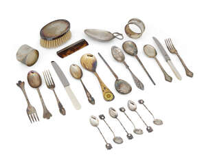 Five silver Christening spoon sets, together with a set of six coffee spoons with cultured pearl terminals, two Christening sets, a napkin ring, a spoon, fork 