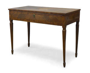 
	
		An Italian olivewood and marquetry inlaid desk, 18th Century, the rectangular quarter...
