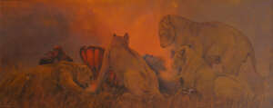 
	
		Kim Donaldson, South African b.1952- Lions eating; oil on board, signed, 56x153cm 

	

