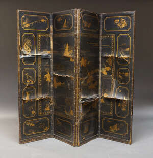 
	
		A Chinese four panelled leather and black painted folding screen, 19th Century, each...