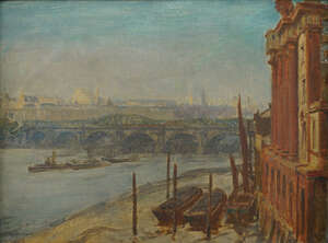 Hubert John Williams,
		British 1905-1989-
		 
		Old Waterloo Bridge;
		 
		oil on board, signed, 27x36cm (ARR)
		 
		Provenance: with Leigh Underhil