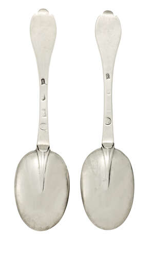 
	
		A pair of William III silver dog-nose rat-tail serving spoons, London c.1697, John...